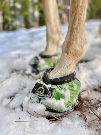 Green Cavallo Trek Hoof Boots in the Snow & ice