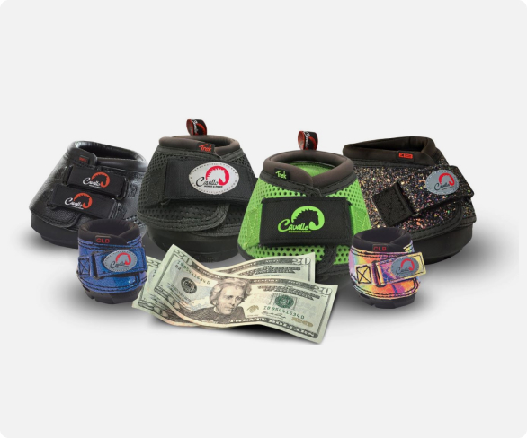 Cavallo hoof boots in various styles with dollar bills, showcasing premium equine protection and value.