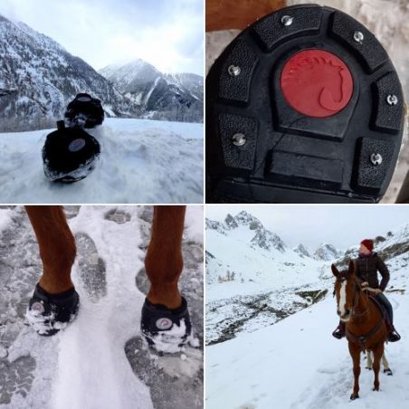 Cavallo hoof boots in snowy mountains enhance horse traction and protection, ideal for winter equine adventures.