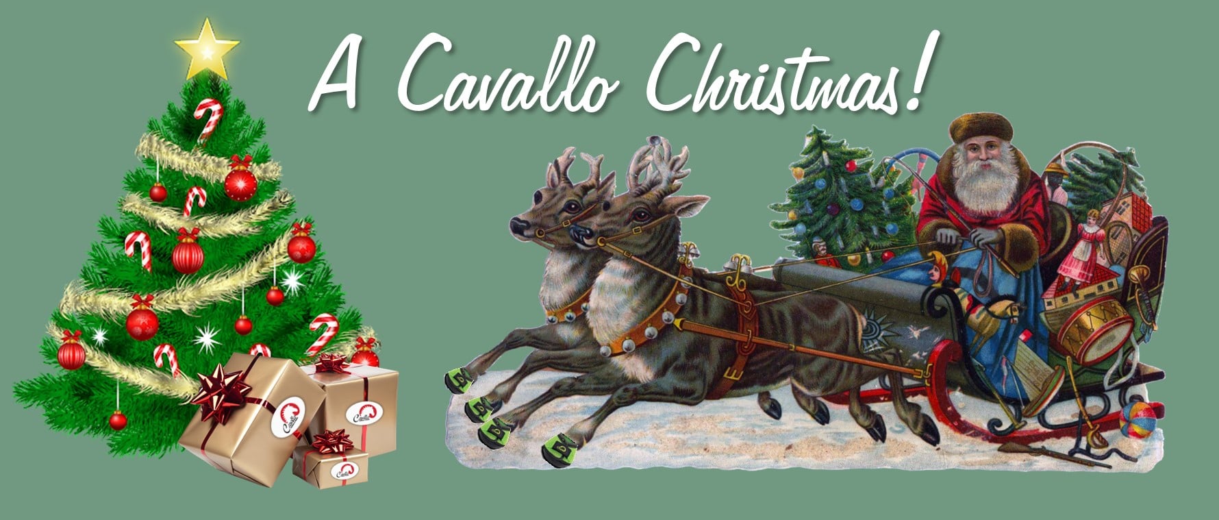 Cavallo Christmas: festive reindeer with hoof boots pulling Santa's sleigh, gifts under tree, horse care gear highlights.