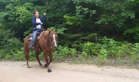 Rider on horse wearing Cavallo hoof boots, enjoying a trail ride in lush forest. Durable equine gear for hoof protection.