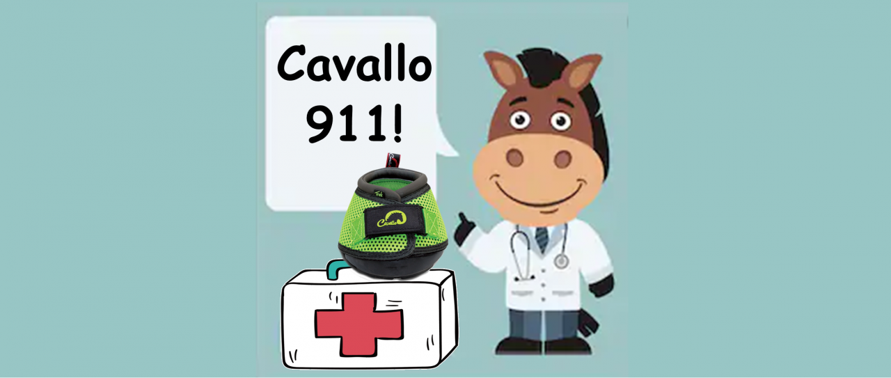 Cartoon horse doctor with Cavallo hoof boot and first-aid kit. Text: Cavallo 911! Horse care essentials.