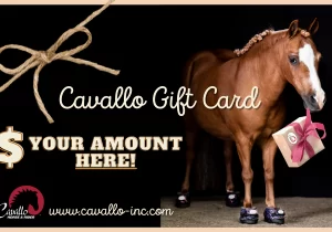 Cavallo gift card image featuring a horse wearing Cavallo hoof boots, ideal for equine enthusiasts and horse care gifts.