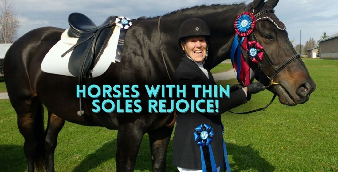 Horse with rosettes and rider celebrating Cavallo hoof boots for thin-soled equine comfort.