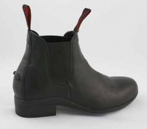 Black leather boot with pull tabs, ideal for stable use, resembling Cavallo hoof boot design for equine care.