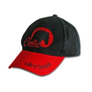 Cavallo Horse Rider cap, black and red design, promotes equine gear and hoof boots, slogan Life is Simple.