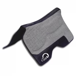 Cavallo saddle pad for horses, gray and black, breathable design, enhances comfort and protection in equine gear.
