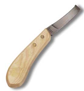 Hoof knife with wooden handle for precise trimming, ideal companion tool for Cavallo hoof boots and equine care.