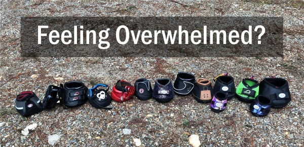 Various Cavallo hoof boots on gravel, highlighting variety in equine gear options for optimal horse hoof protection.