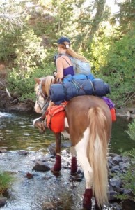 Horse with rider crossing creek in Cavallo hoof boots, showcasing durable equine gear for trail riding adventures.