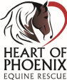 Logo for Heart of Phoenix Equine Rescue, featuring a horse silhouette, emphasizing horse care and rescue efforts.