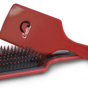 Red Cavallo horse brush for grooming, ideal equine gear, complements Cavallo hoof boots for optimal horse care.