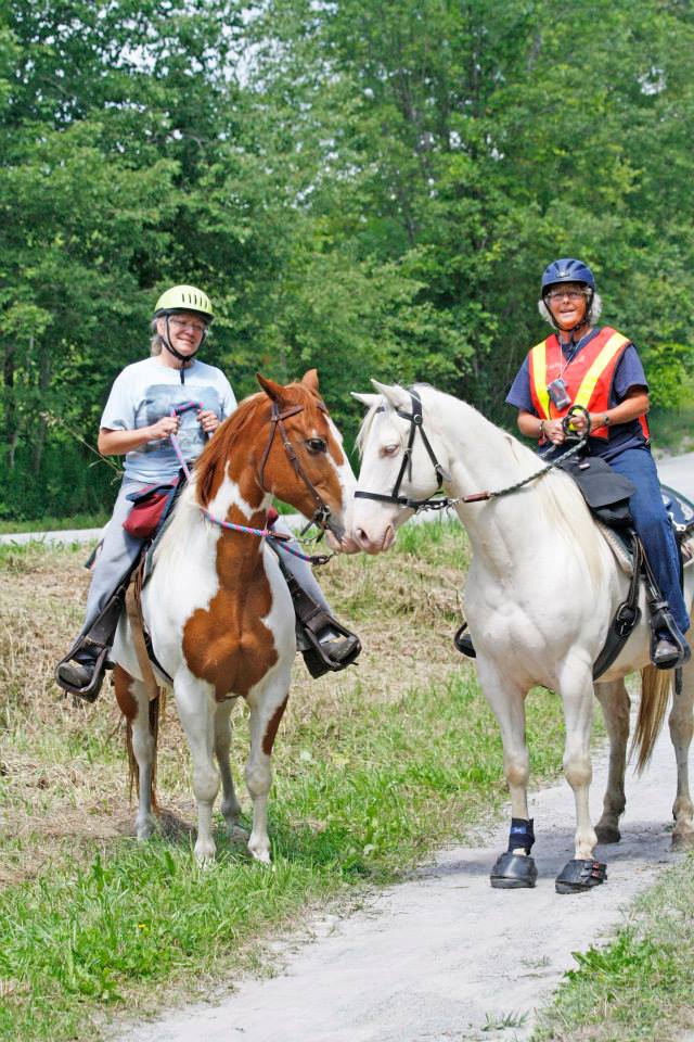 Riders on horses wearing Cavallo hoof boots, showcasing equine gear on a sunny trail ride.