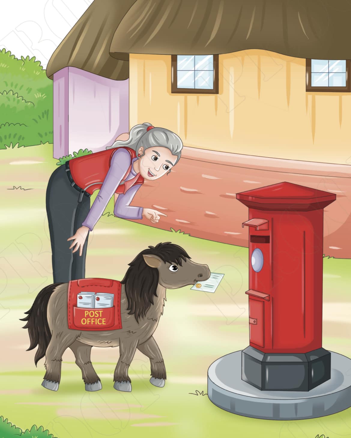 Cartoon pony in mail delivery gear at postbox, illustrating innovative equine roles; ideal for modern horse care ads.