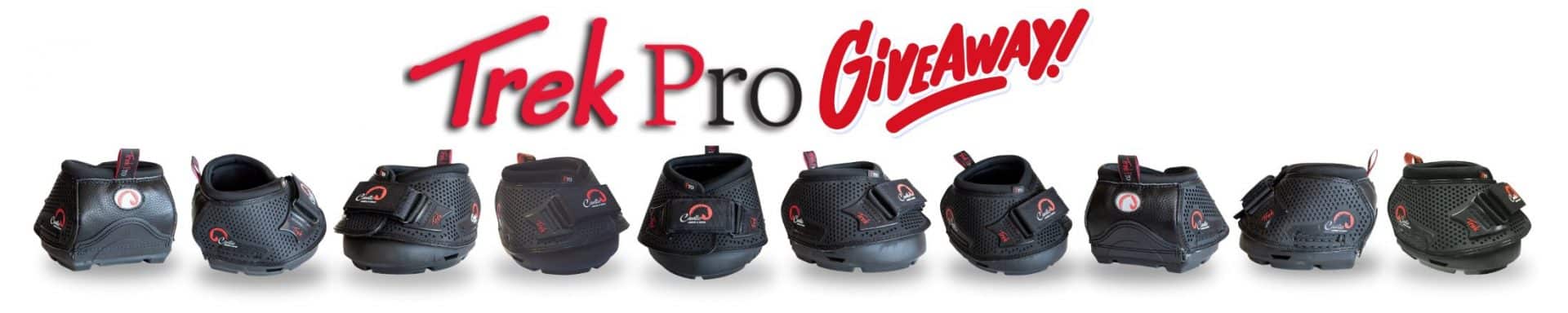 Cavallo Trek Pro hoof boots lined up for a giveaway, showcasing premium equine gear for optimal horse hoof protection.