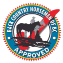 Approved Back Country Horsemen of BC logo featuring horse, rider, and Cavallo equipment endorsement.