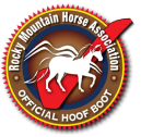 Rocky Mountain Horse Association emblem endorsing Cavallo hoof boots for equine care.