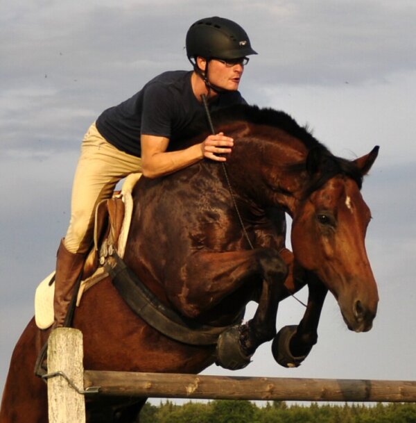 Rider on horse jumping fence, showcasing Cavallo hoof boots for superior equestrian performance and horse care.