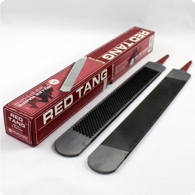 Red Tang horse hoof rasp tools essential for hoof care and maintenance, perfect for use with Cavallo hoof boots.