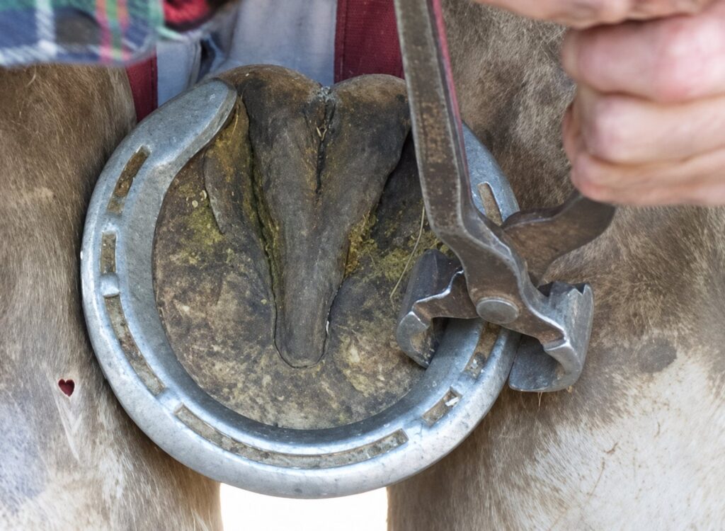 A farrier's pincers pulling a horseshoe from a hoof