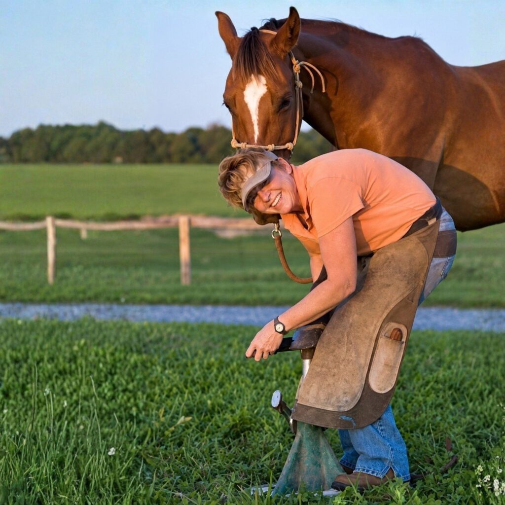 A smiling farrier bending to trim the hoof of a bay horse in a field
