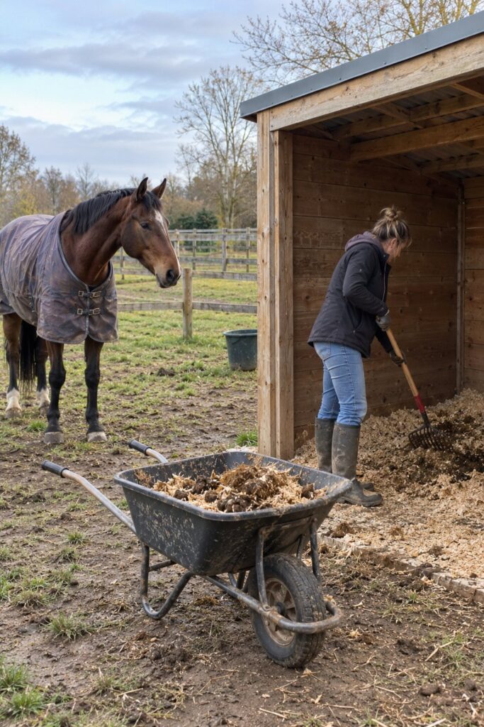 A woman mucking out beside a field shelter, a horse in a rug behind her