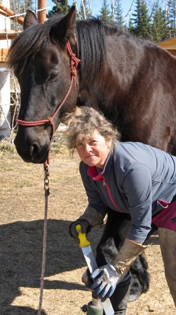 A woman trimming a hoof, a dark horse behind her